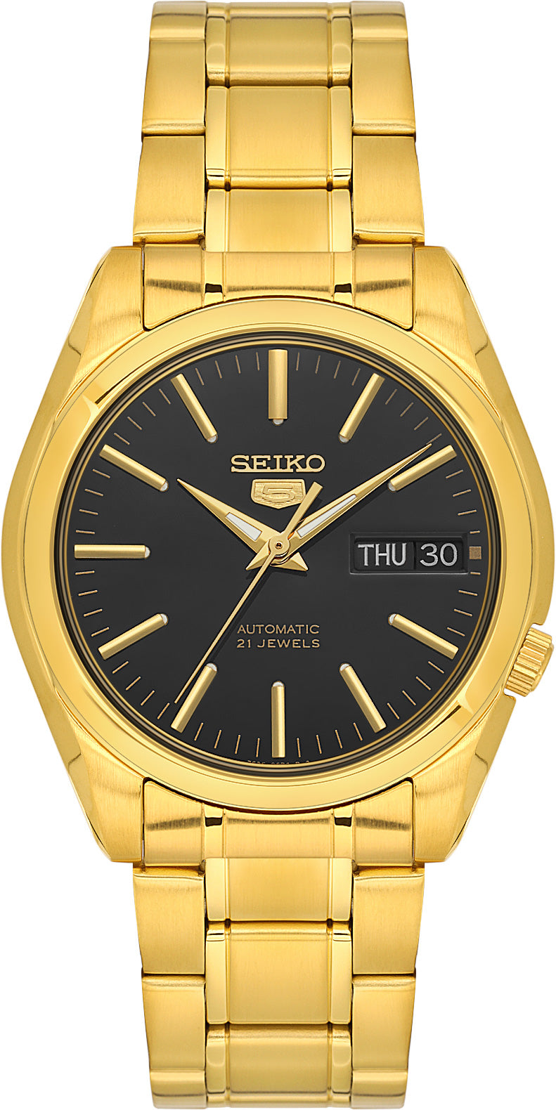Seiko Men's Mechanical Watch Analog, Black Dial with Gold Stainless Band, SNKL50K