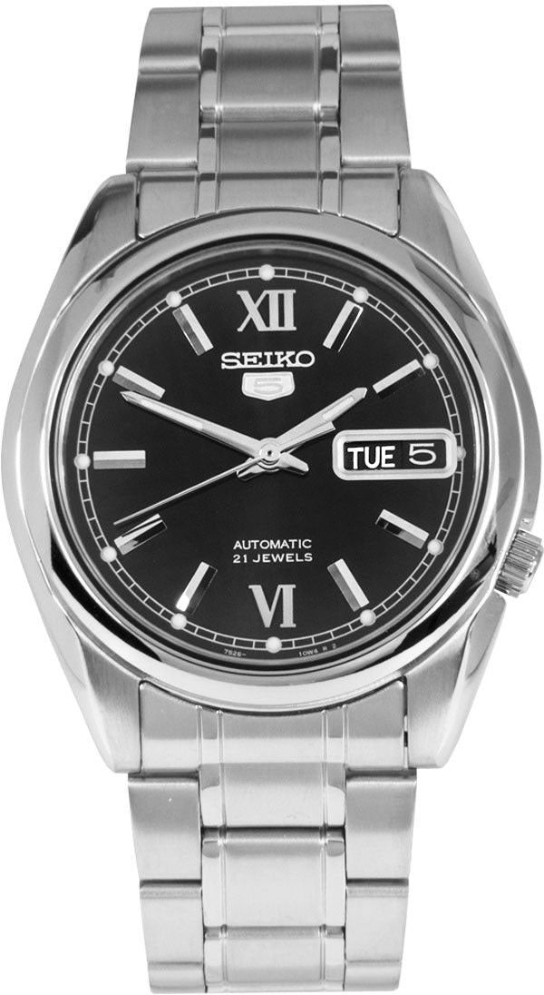 Seiko Men's Mechanical Watch Analog, Black Dial with Silver Stainless Band, SNKL55K