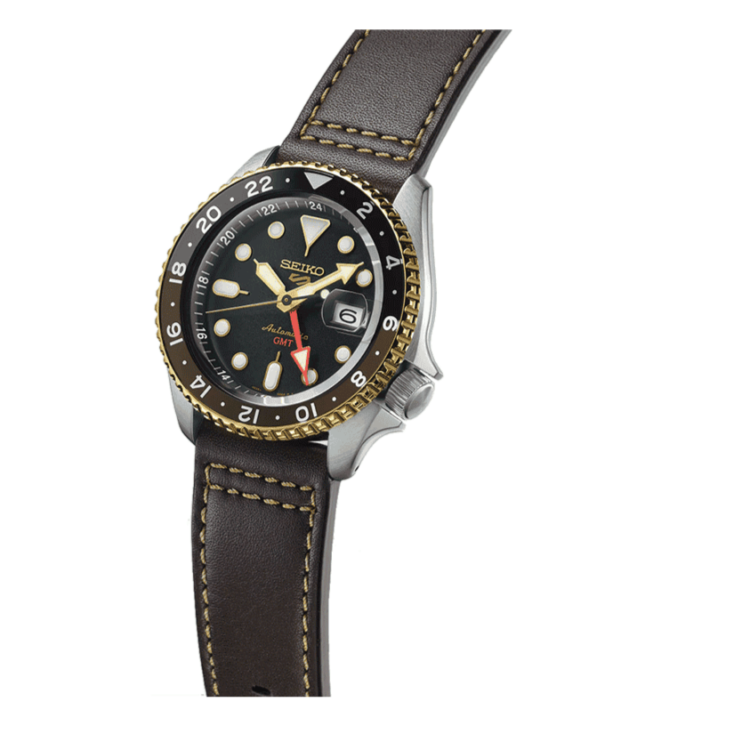Seiko 5 Sports Men's Automatic GMT Watch Analog Black Dial with Brown Leather Strap, SSK036K