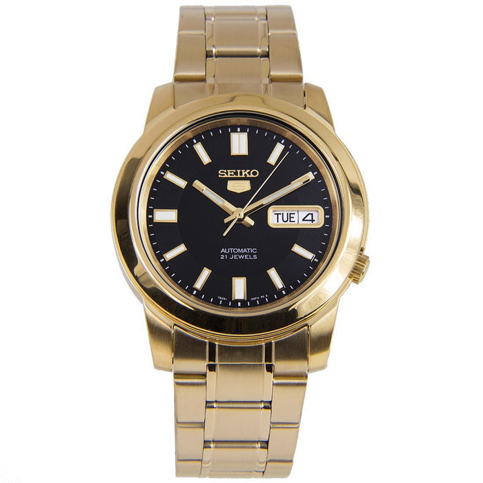 Seiko 21 Jewels Men's Automatic Watch Analog Black Dial with Gold Stainless Steel Band, SNKK22K