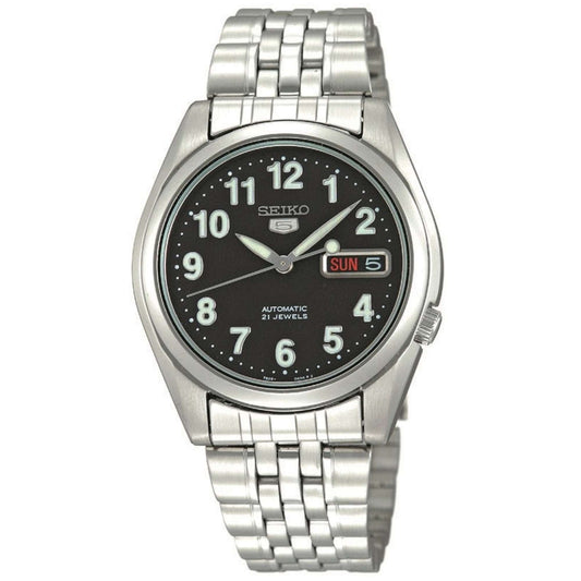 Seiko 21 Jewels Men's Automatic Watch Analog Black Dial with Silver Stainless Steel Band, SNK381K authentic Seiko watch with original box and warranty papers