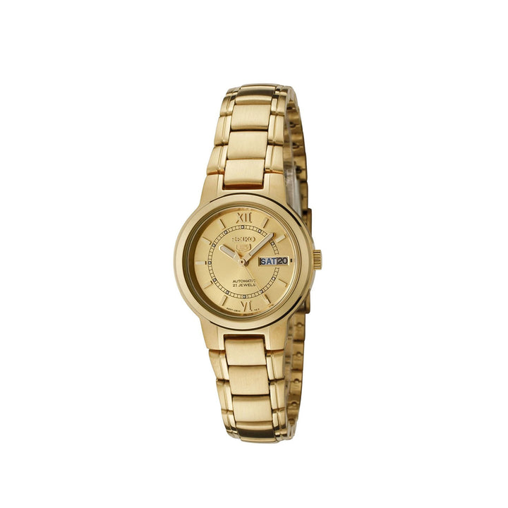 Seiko 5 , 21 Jewels Women's Automatic Watch Analog Gold Dial with Gold Stainless Steel Band, SYME58K