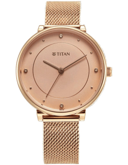 Titan  Stackables Women's  Quartz Analog Watch Rose Gold Dial With Stainless Steel Mesh Band, 2673WM04