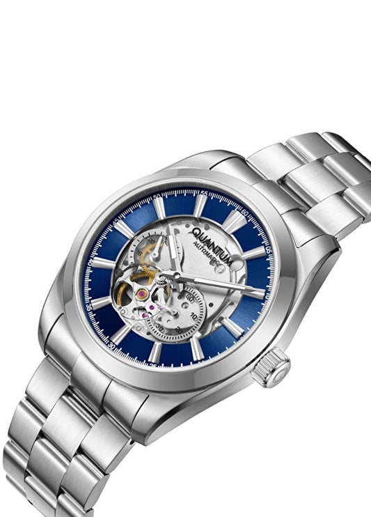Quantum Men's Automatic Watch Dark Blue Dial Silver Metal Band, QMG1132.390