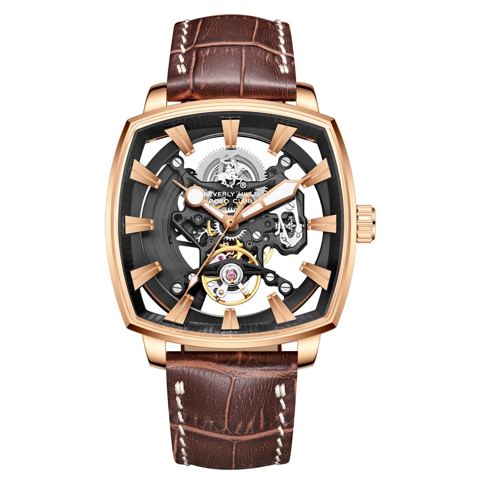 Beverly Hills Polo Club Men's Automatic Watch Analog White Dial with Brown Leather Strap,  BP3796X.452