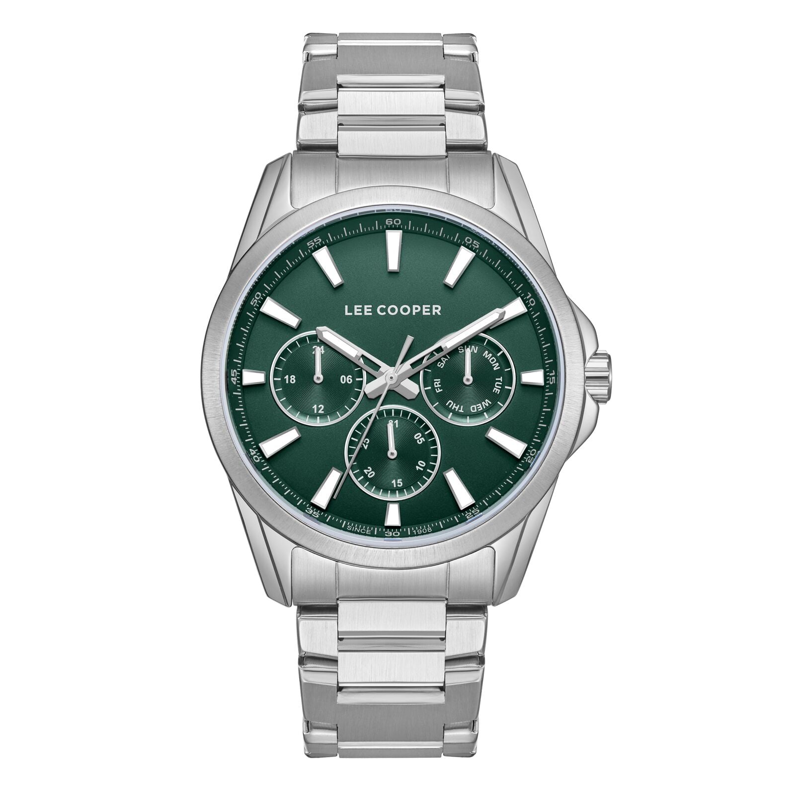 Lee Cooper Men's Watch Analog Green Dial with Silver Stainless Steel Band, LC08105.370