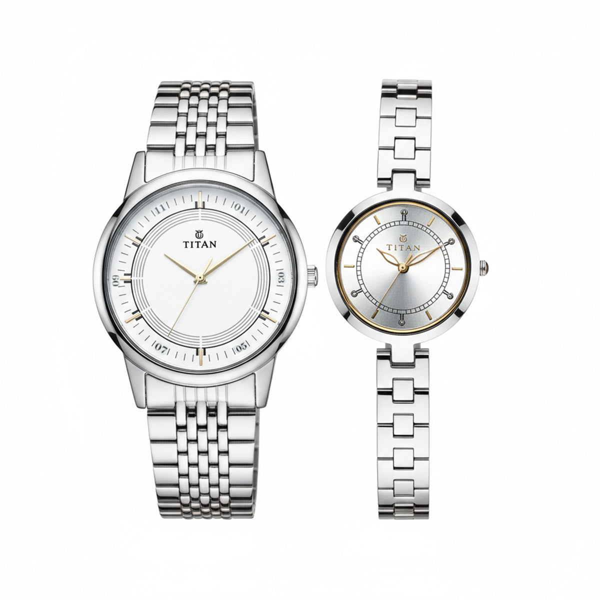 Titan Couple's Watch Classique Collection Analog, Silver & White Dial Silver Stainless Strap, 1773SM01P