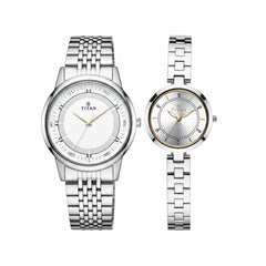 Titan Couple's Watch Classique Collection Analog, Silver & White Dial Silver Stainless Strap, 1773SM01P