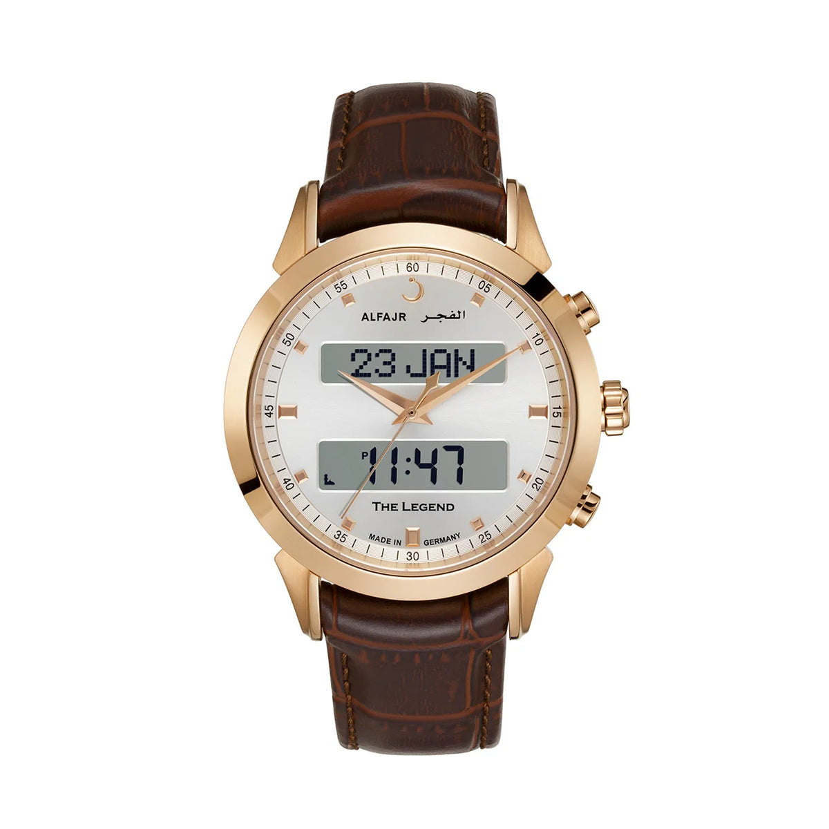 Alfajr Islamic Prayer Mens Watch Ana-Digital White Dial With Brown Leather Strap, WA-30LB