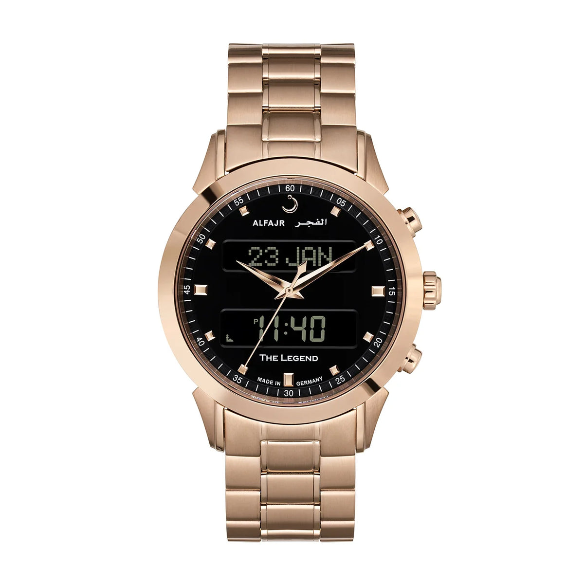 Alfajr Islamic Prayer Mens Watch Ana-Digital Balck Dial With Golden Stainless Steel Band, WA-30SB