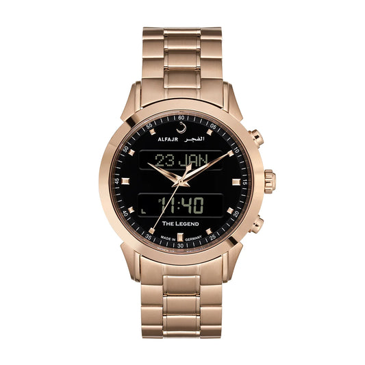 Alfajr Islamic Prayer Men's Analog-Digital Watch Black Dial With Golden Stainless Steel Band, WA-30SB authentic Alfajr WA-30SB Islamic prayer product in Bahrain