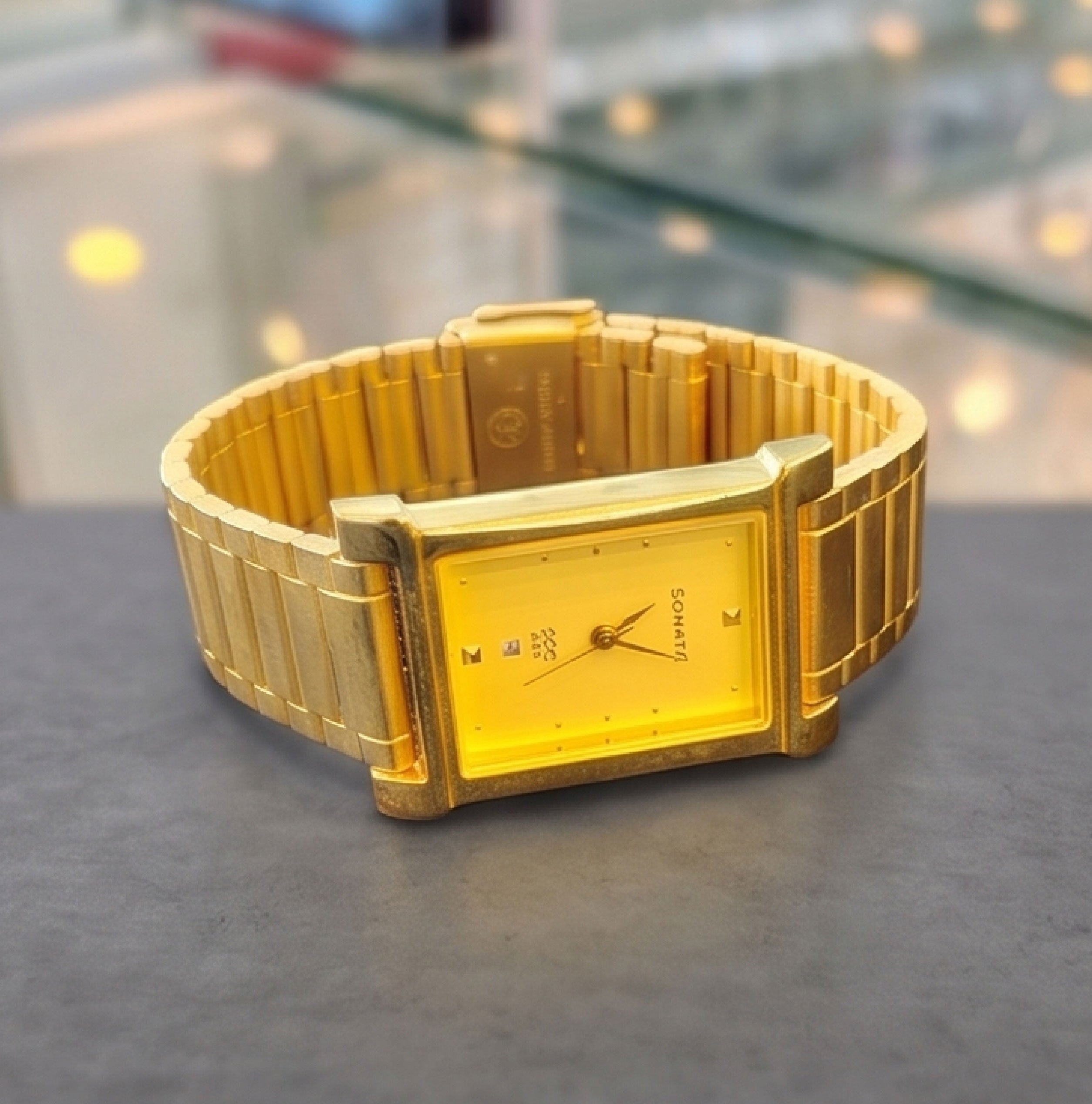 Sonata Men's Watch Analog Gold Dial With Gold Stainless Steel Band, 7057YM05