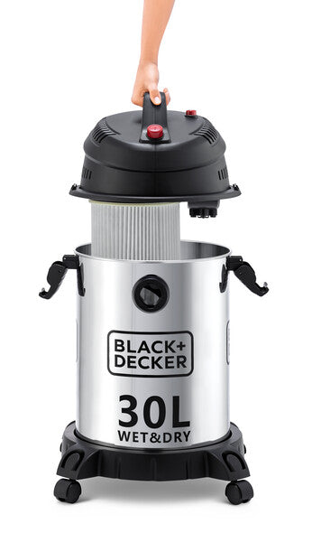 Black+Decker, 1610W, Wet and Dry Stainless Steel Tank Drum Vacuum Cleaner, 30 litre, Black/Silver, WV1450-B5