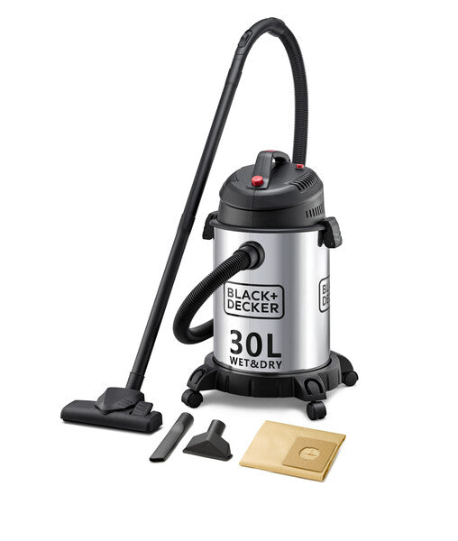 Black+Decker, 1610W, Wet and Dry Stainless Steel Tank Drum Vacuum Cleaner, 30 litre, Black/Silver, WV1450-B5