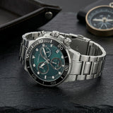 Quantum Men's Chronograph Watch Green Dial Silver Metal Band, HNG1150.090