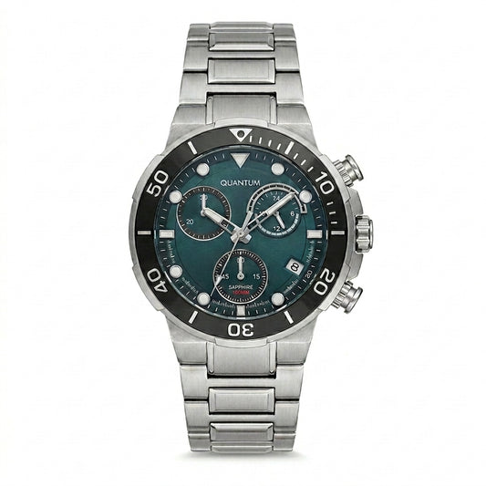 Quantum Men's Chronograph Watch Green Dial Silver Metal Band, HNG1150.090