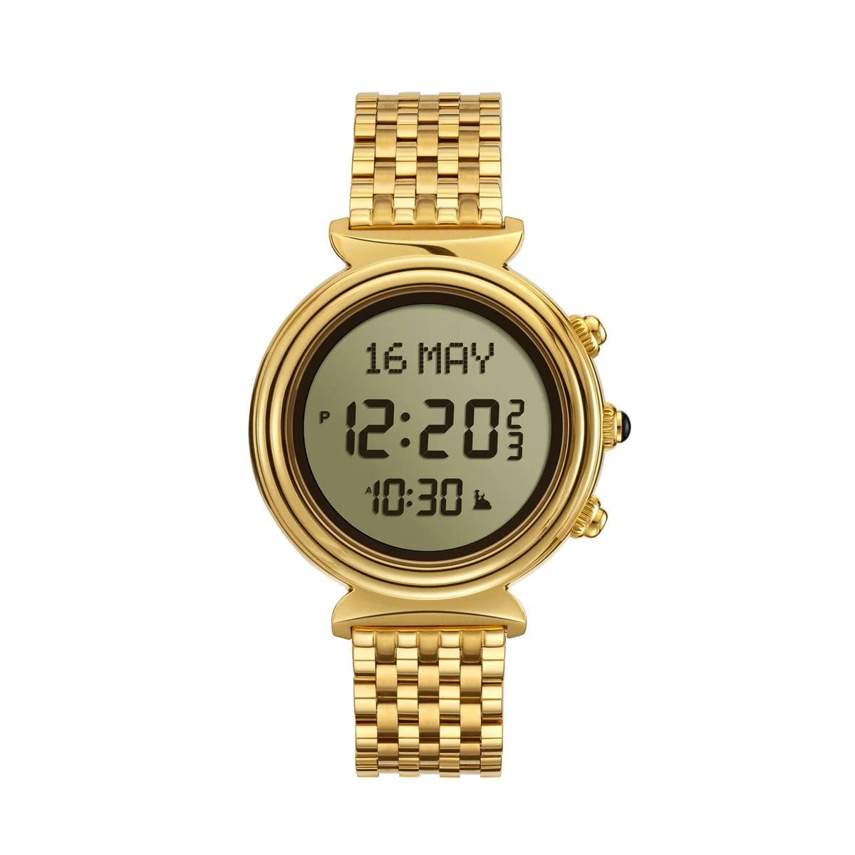 Alfajr Islamic Prayer Womens Watch Digital With Gold Stainless Steel Band, WF-14SG