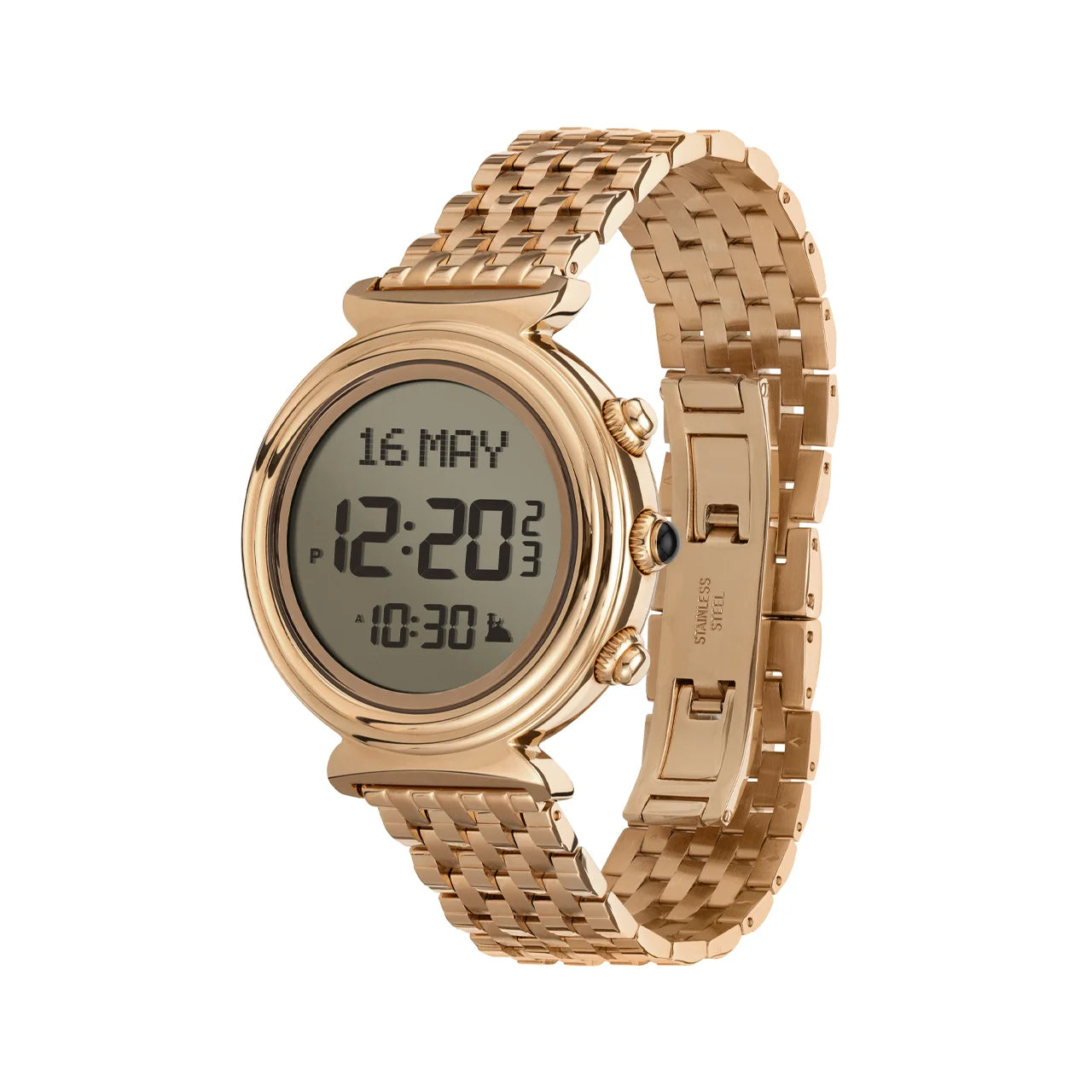 Alfajr Islamic Prayer Womens Watch Digital With Rose Gold Stainless Steel Band, WF-14SR