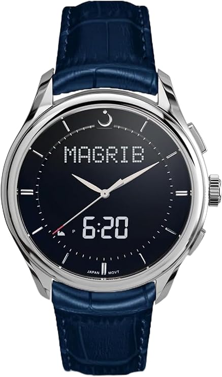 Alfajr Islamic Prayer Mens Watch Ana-Digital Black Dial With Blue Leather Strap, WW-22LS