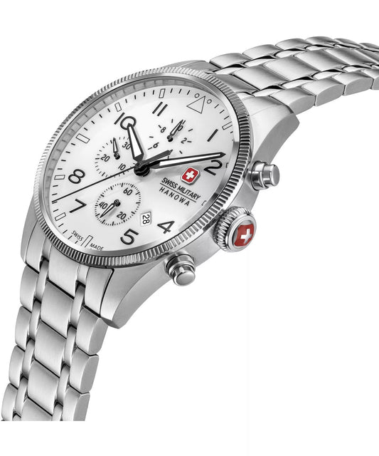 Swiss Military Hanowa Men's Chronograph Watch White Dial with Silver & Black  Stainless Steel & Leather (Set), SMWGI0005701-SET
