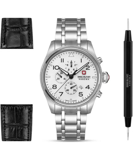 Swiss Military Hanowa Men's Chronograph Watch White Dial with Silver & Black  Stainless Steel & Leather (Set), SMWGI0005701-SET