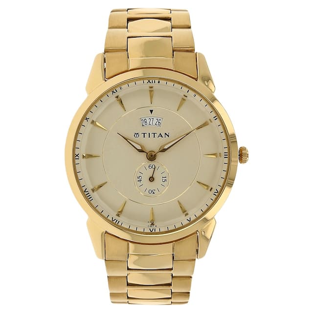 Titan Men's Watch Regalia Collection Analog, Champagne Dial Gold Stainless Strap, 1521YM02