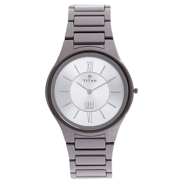 Titan Men's Watch Edge Ceramic - Slimmest Ceramic Analog Watch Silver Dial Grey Strap, 1696QC02