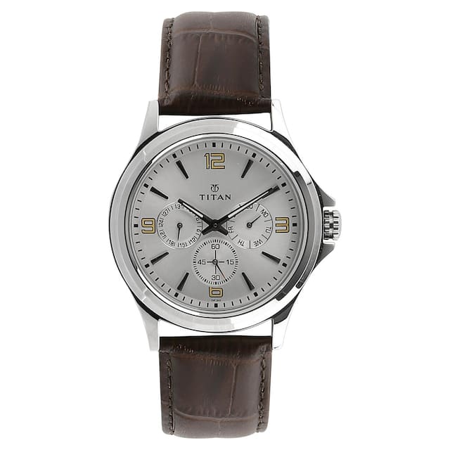 Titan 1698SL01, Men's Watch Classique Collection Analog, White Dial Brown Leather Strap