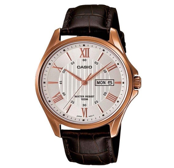 Casio Men's Watch Analog, White Dial Brown Leather Strap, MTP-1384L-7AVDF