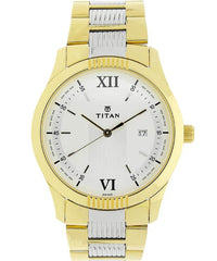 Titan Men's Watch White Dial Silver & Gold Stainless Steel Strap Watch, 1739BM01