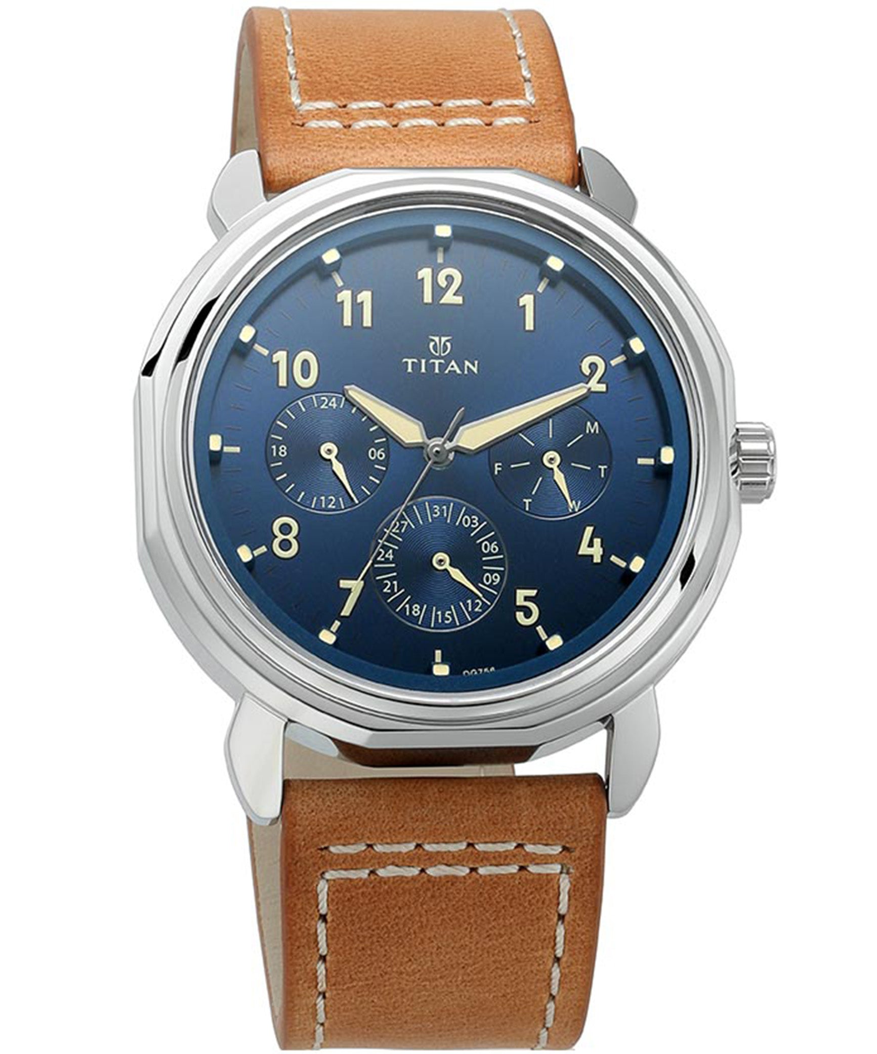 Titan Men's Watch Blue Dial Brown Leather Strap Watch, 1753SL01