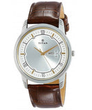 Titan Men's Watch Karishma Collection Analog, Silver & White Dial Brown Leather Strap, 1774SL01