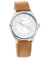 Titan Men's Watch Silver Dial Tan Leather Strap Watch, 1802SL07