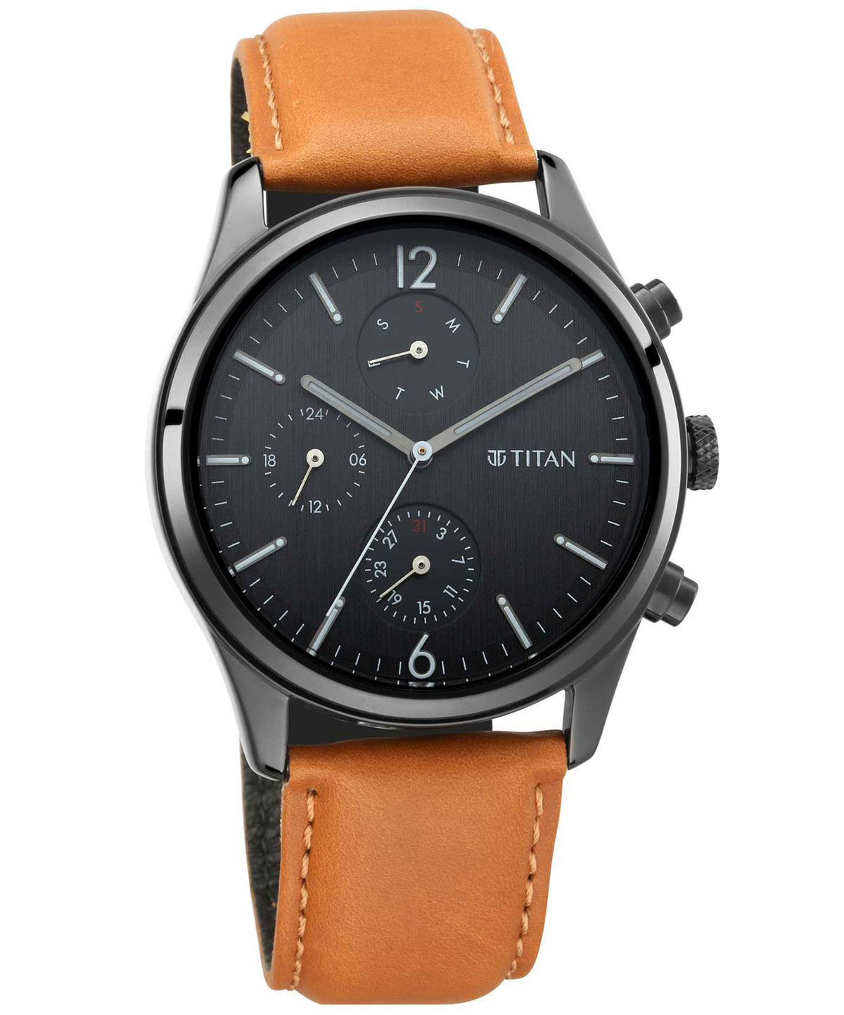 Titan Men's Watch Workwear Collection, Black Dial Tan Leather Strap, 1805NL02