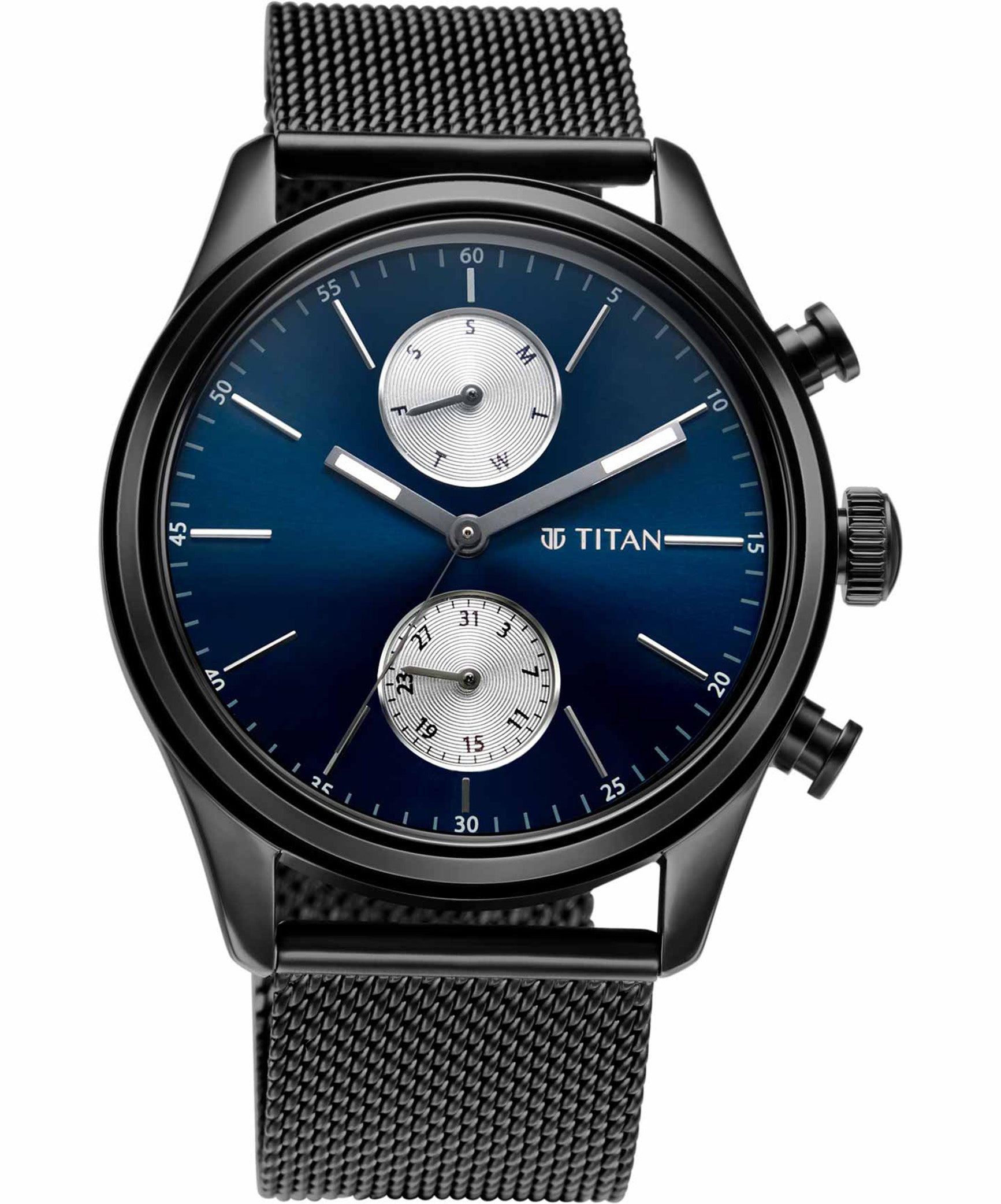 Titan Men's Watch Blue Dial Black Stainless Steel Strap Watch, 1805NM03