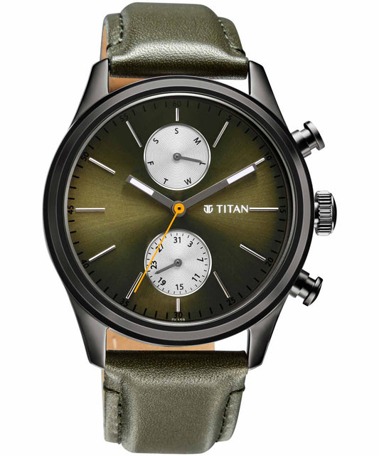 Titan, Men, Analog, Watch, Green Dial, Leather Strap, 1805QL01