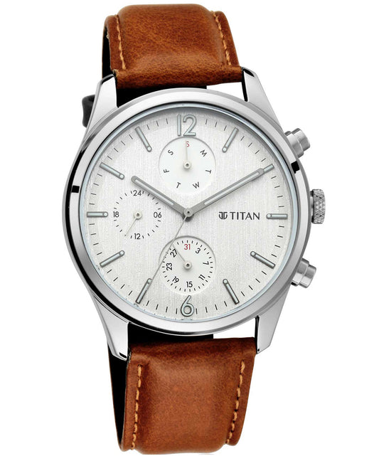 Titan, Men, Analog, Watch, White Dial, Leather Strap, 1805SL04