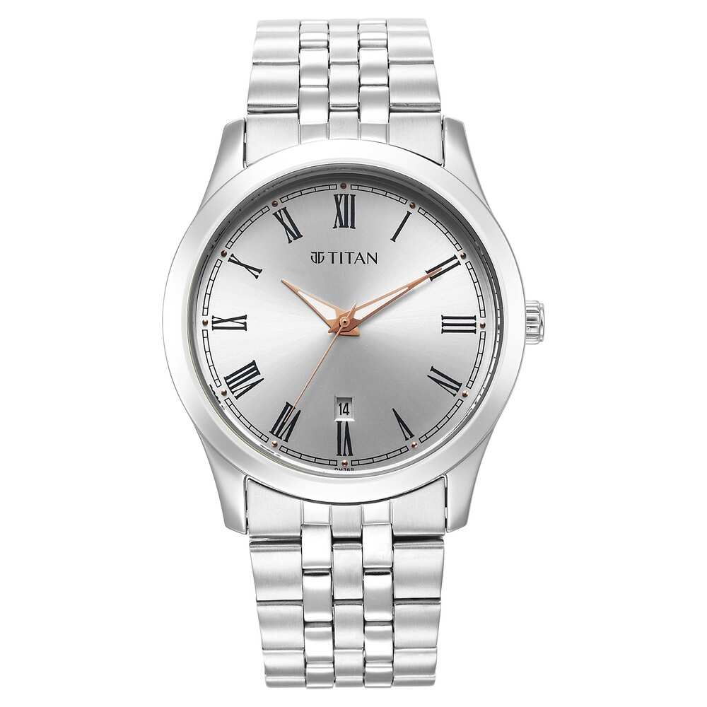 Titan Men's Watch Quartz Analog, Silver White Dial Metal Strap, 1823SM05