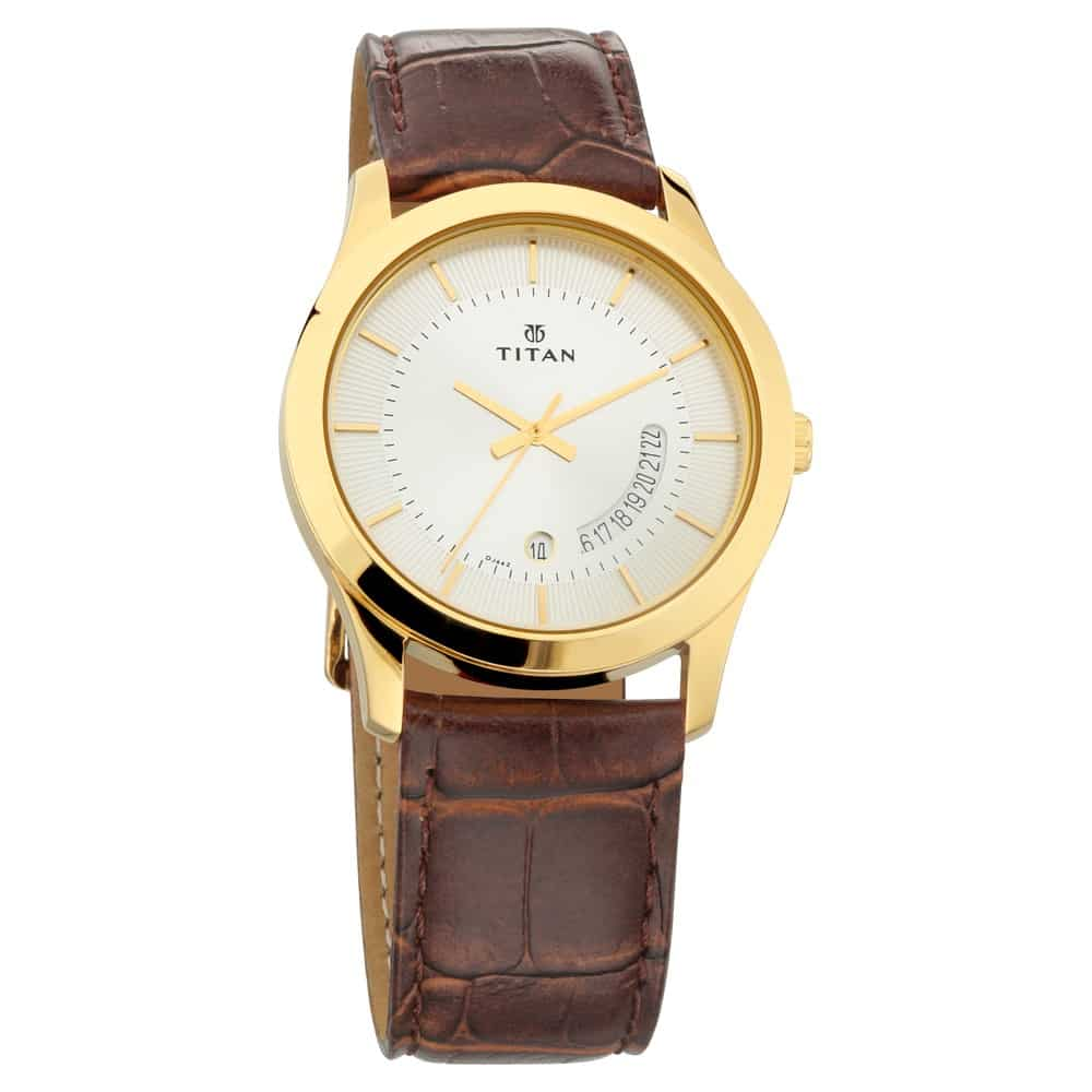 Titan Men's Watch Quartz Analog with Date, Silver Dial Leather Strap, 1823YL01