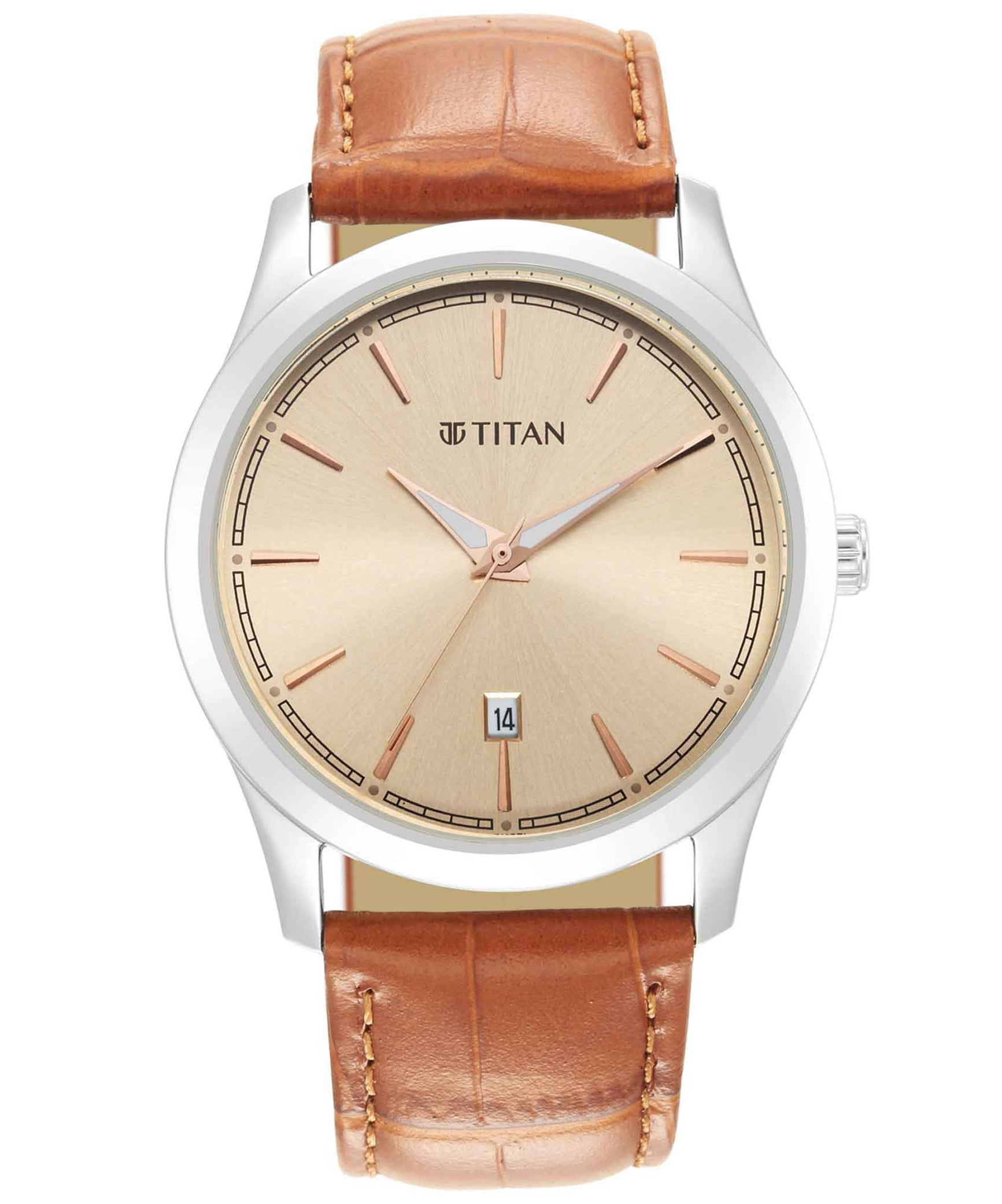 Titan Men's Watch Rose Gold Dial Tan Leather Strap Watch, 1823SL04