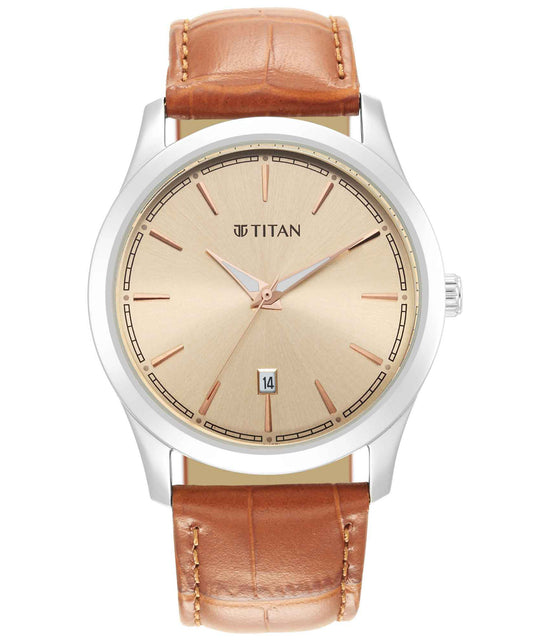 Titan, Men, Analog, Watch, Gold Dial, Leather Strap, 1823SL04