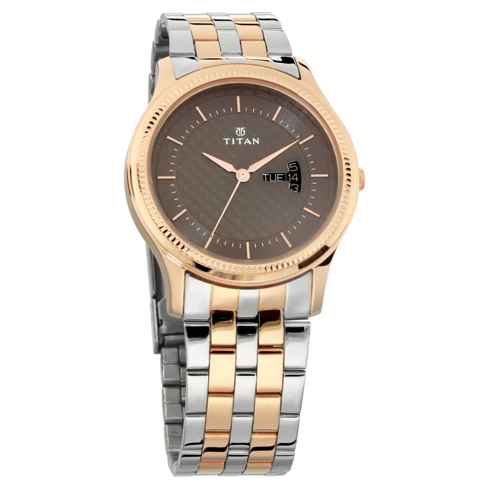 Titan Men's Watch Metal Analog with Day and Date, Brown Dial Stainless Steel Strap, 1824KM01