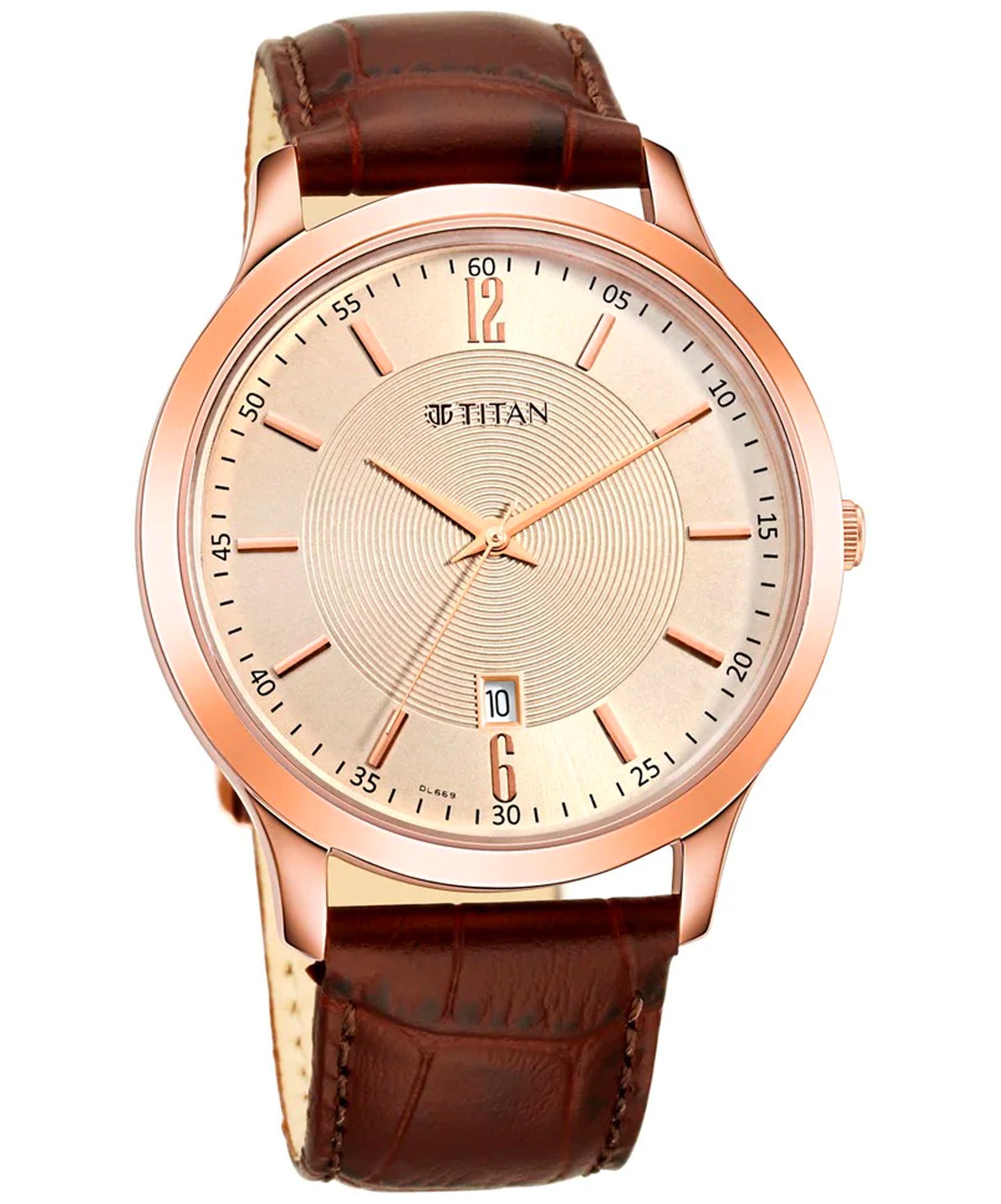 Titan Men's Watch with Rose Gold Dial & Brown Leather Strap, 1825WL02