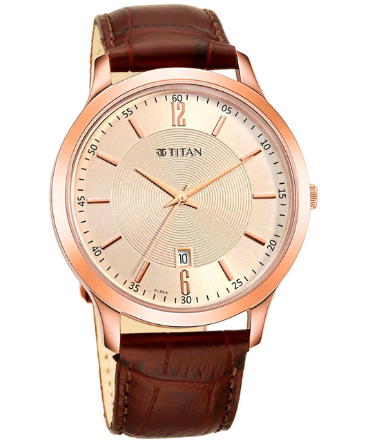 Titan, Men, Analog, Watch, Gold Dial, Leather Strap, 1825WL02