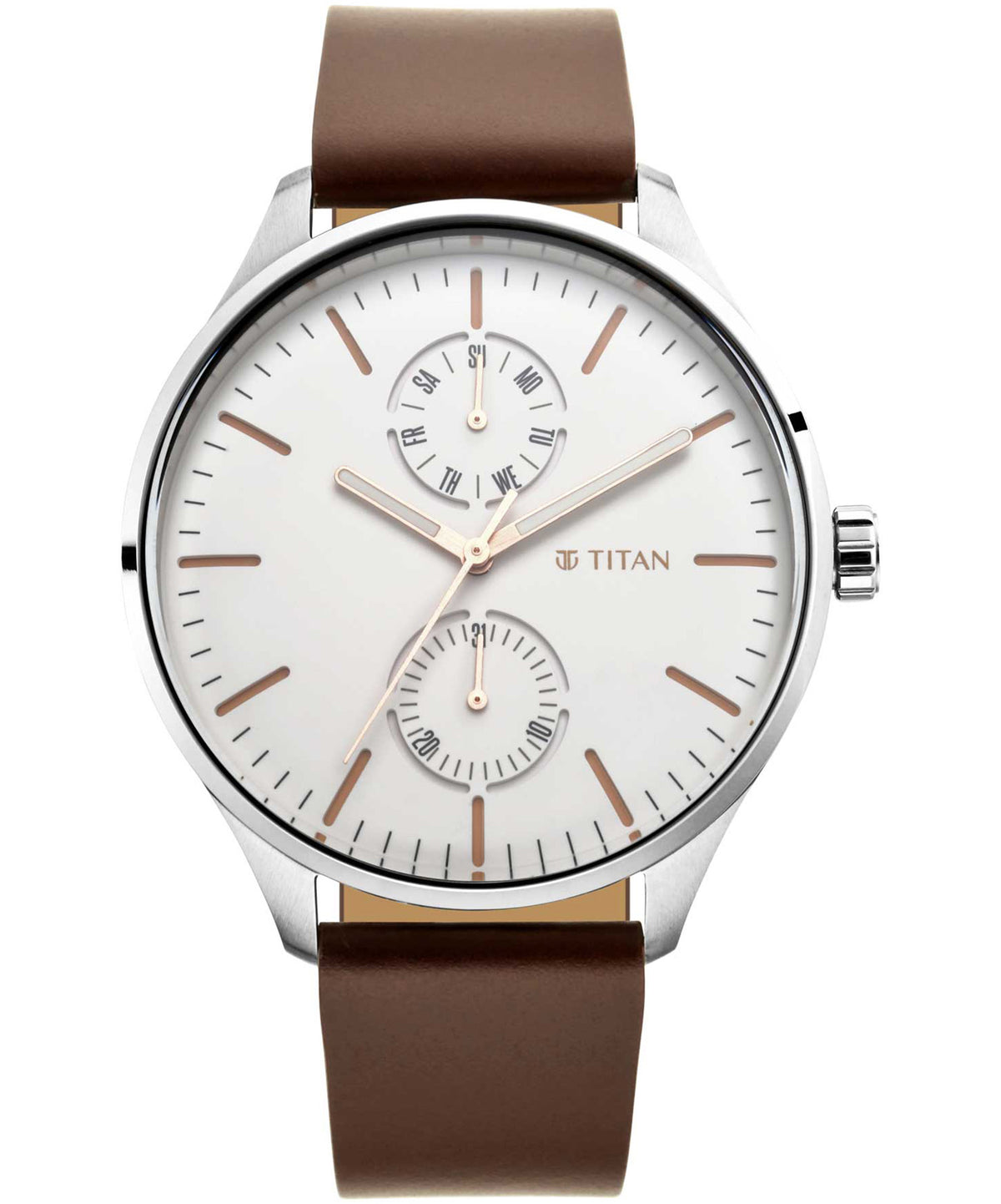 Titan Men's Watch White Dial Brown Leather Strap Watch, 1833SL02