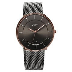 Titan Quartz Analog Men's Watch with Date, Black Dial Mesh Strap, 1849KM01