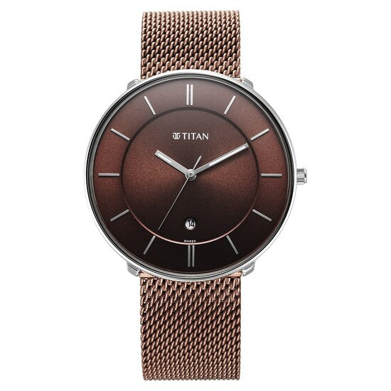 Titan Noir collection Men's Watch, Brown Dial Brown Stainless Steel Strap, 1849KM02