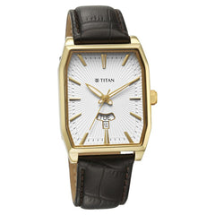 Titan Regalia Analog with Day and Date Men's Watch, Opulent White Dial Leather Strap, 1876YL02