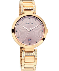 Titan Women's Watch Pink Dial Rose Gold Stainless Steel Strap Watch, 2480WM05