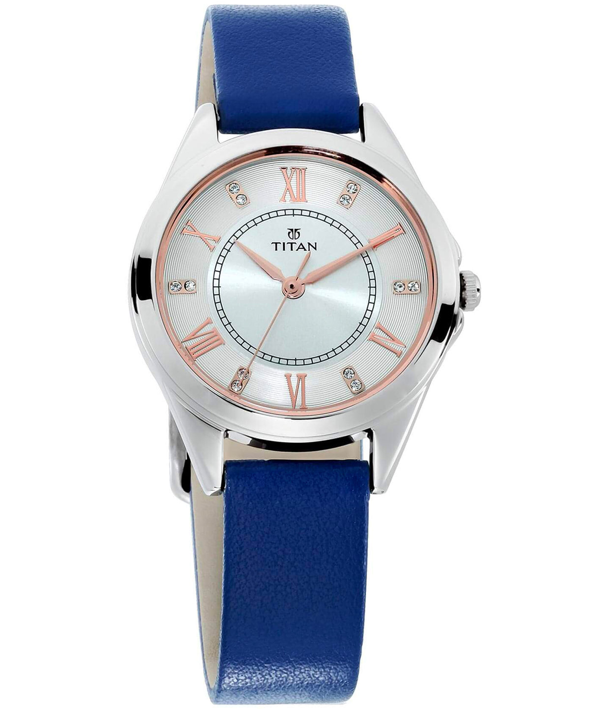 Titan Women's Watch Sparkle Collection Analog, Silver Dial Blue Leather Strap, 2565SL01